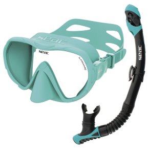 SEAC X-Frame Dry snorkels�t med rammel�s  maske, t�r-snorkel og sort netpose til opbevaring.